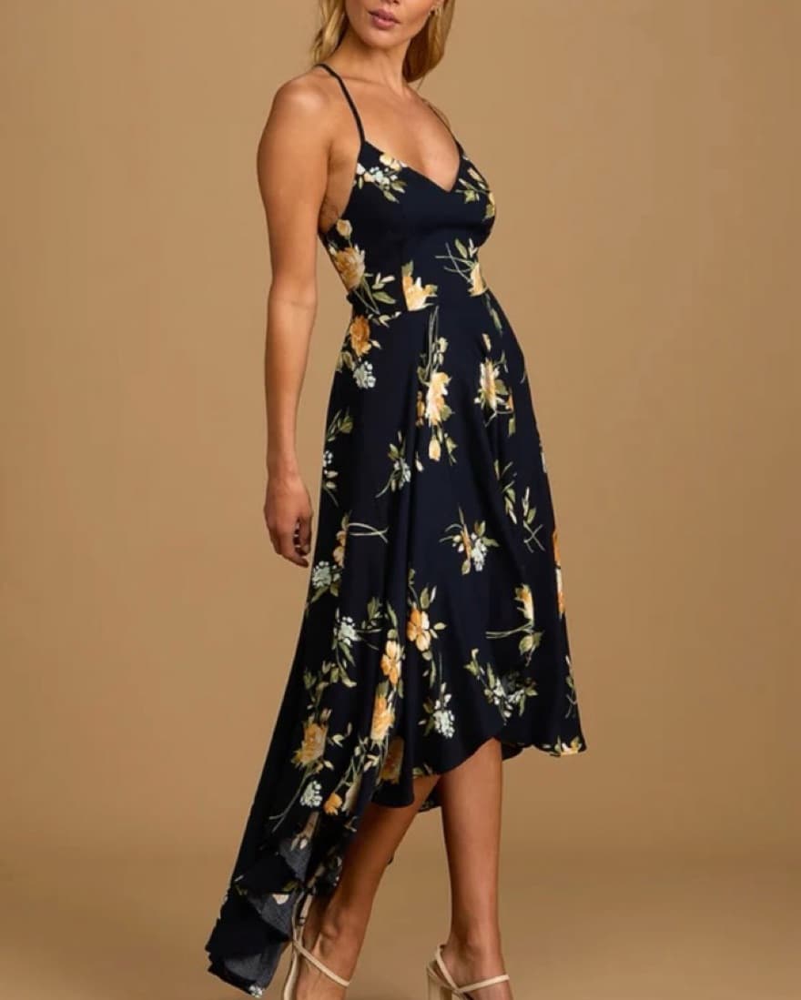 Navy Blue Floral Lace Up High-Low Dress - Image 2