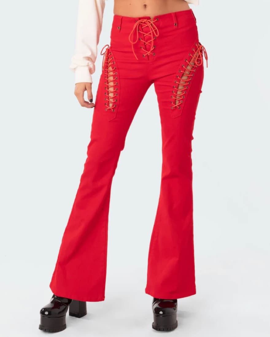 Red Flare Lace Jeans - Edikted  - Image 1