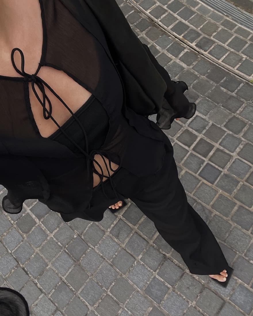 Sheer Black Tie Front Top - Image 1