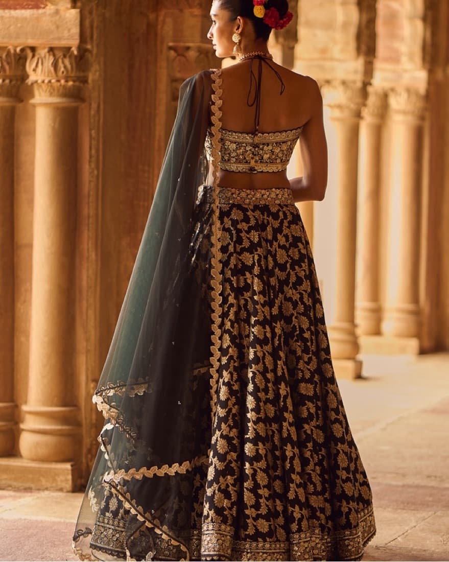 Black Embroidered Brocade Lehenga - Image 3
