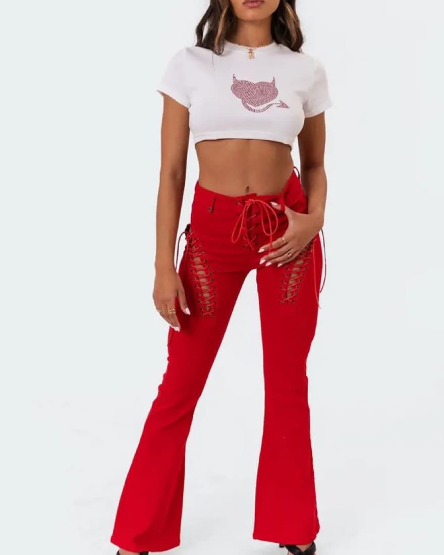 Red Lace Up Flared Pants - Image 1
