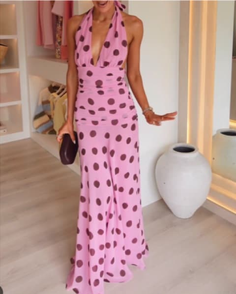 Pink Polka Dot Halter Neck Dress - Image 4