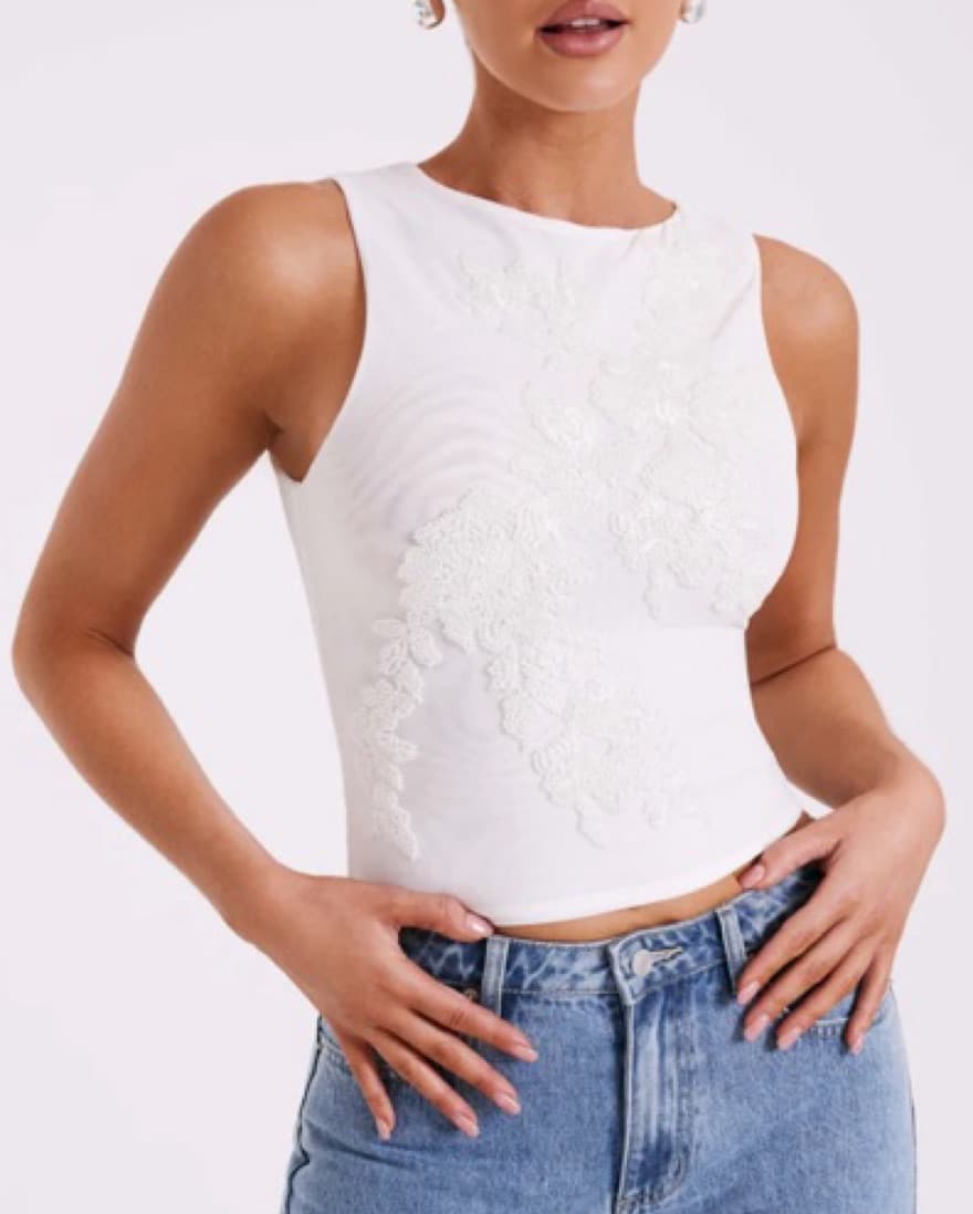 Meshki White Beaded Mesh Top - Image 1