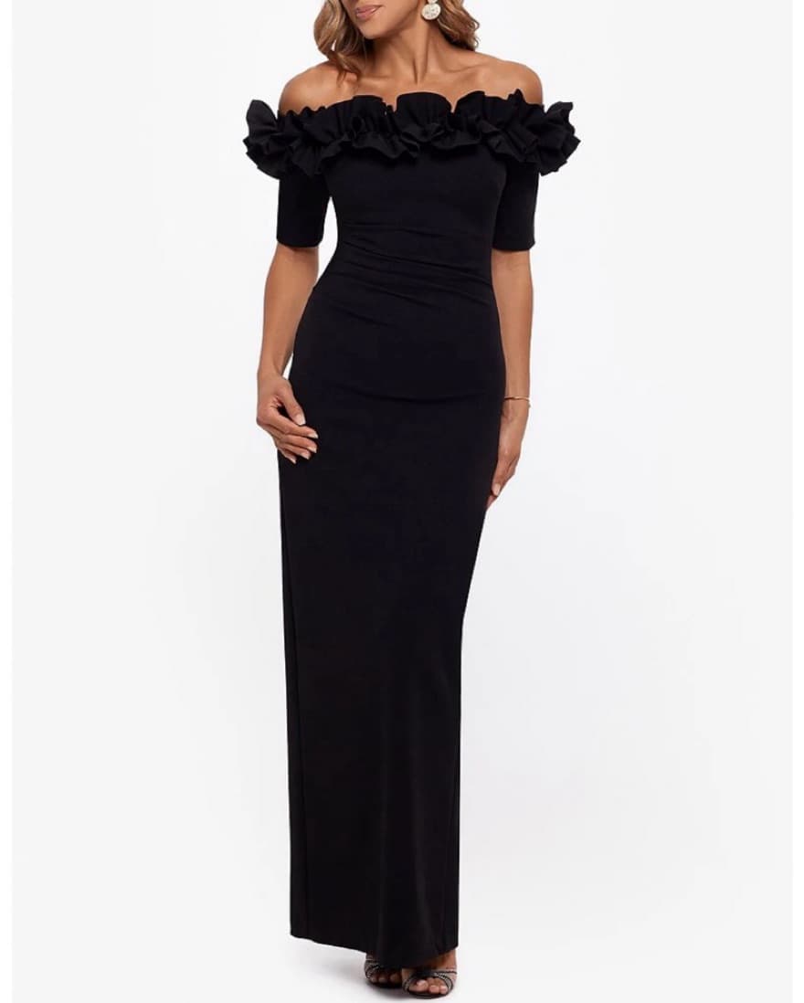 XSCAPE Short Sleeve Ruffle Crepe Gown - Image 1
