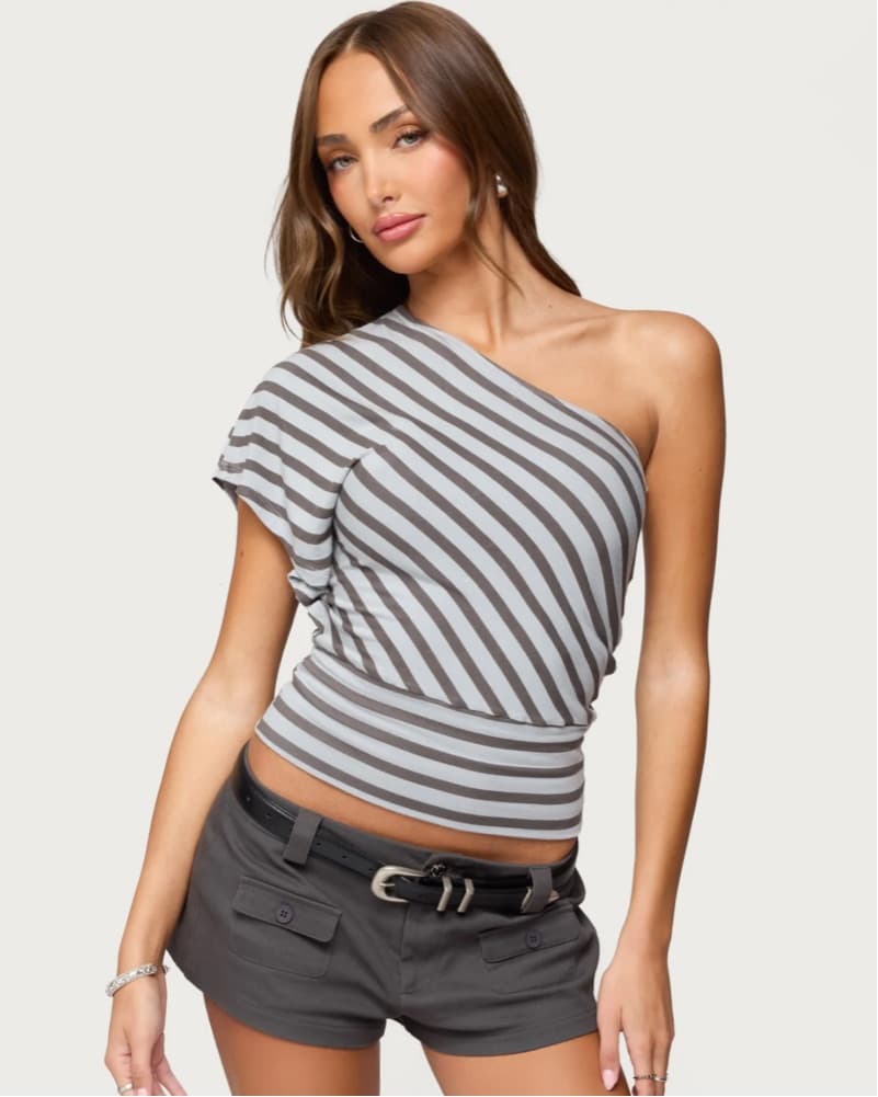 Chic One-Shoulder Striped Top - Image 1