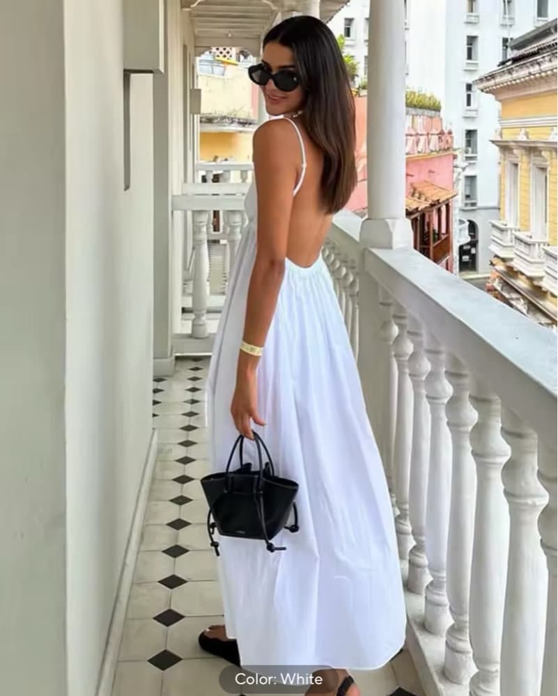 White V neck open beck linen dress - Image 2