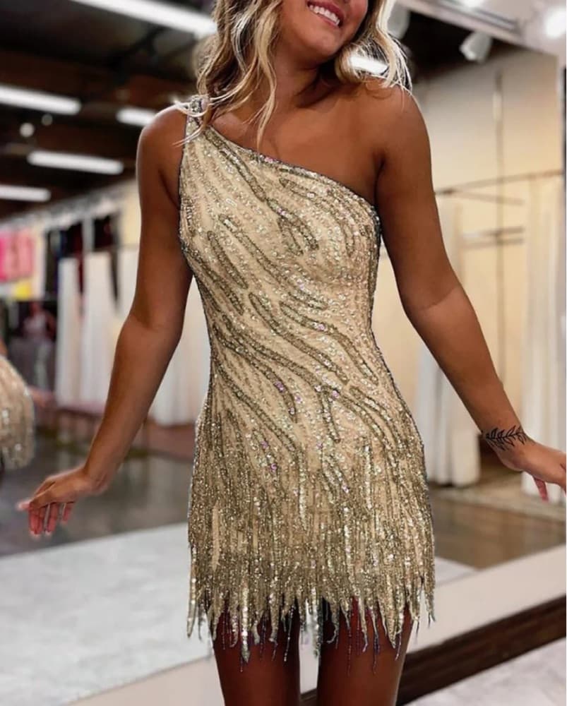 Kiss Prom Gold Fringe Cocktail Dress - Image 1