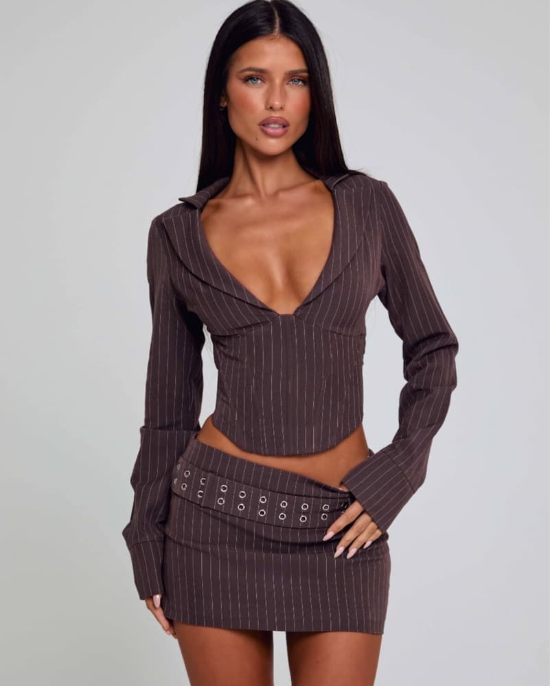 Outcast Kessia Brown Mini Skirt & Shirt - Image 1