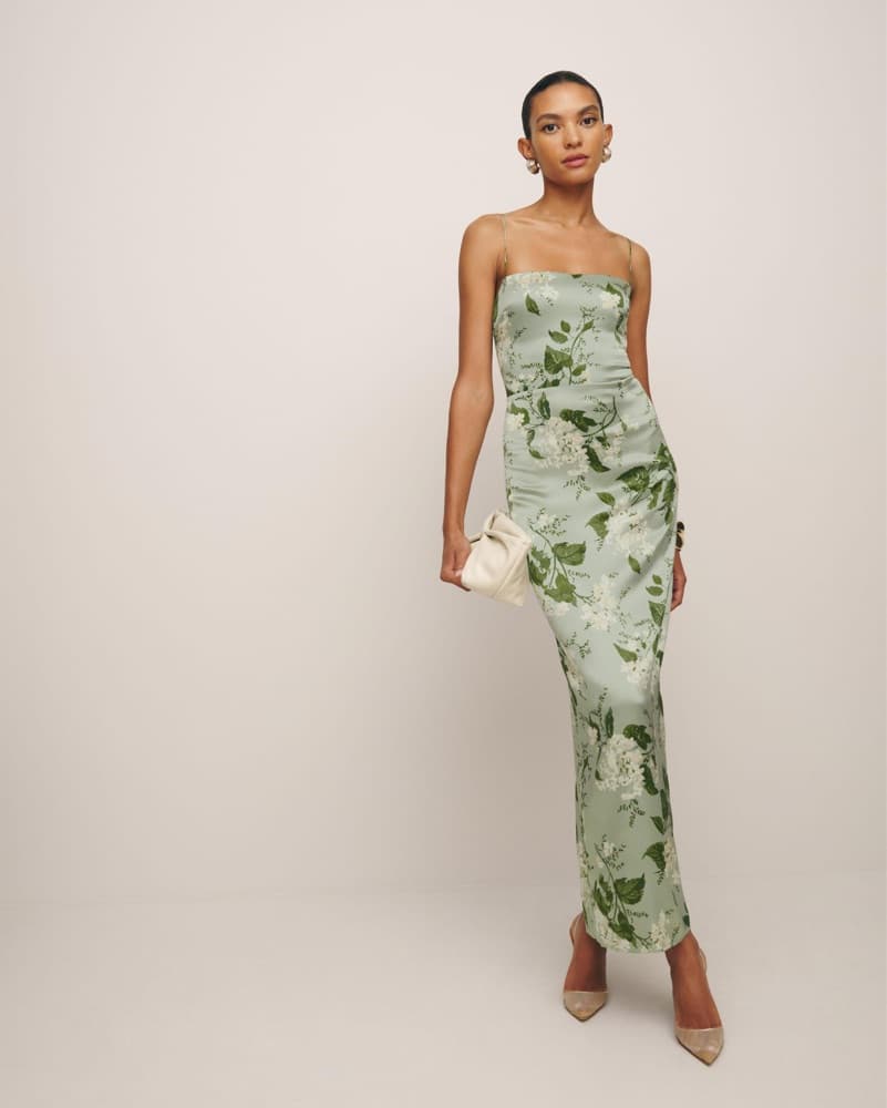 Reformation Frankie Silk Dress In Green - Image 1