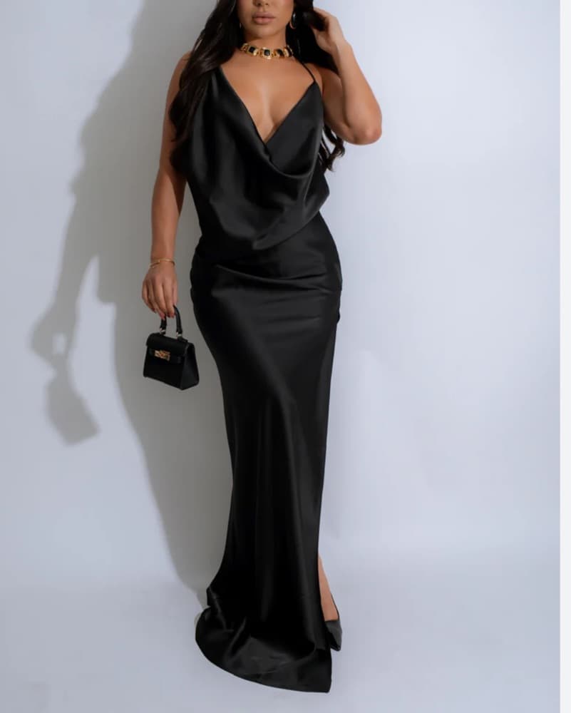 Black Satin Backless Strappy Gown - Image 1