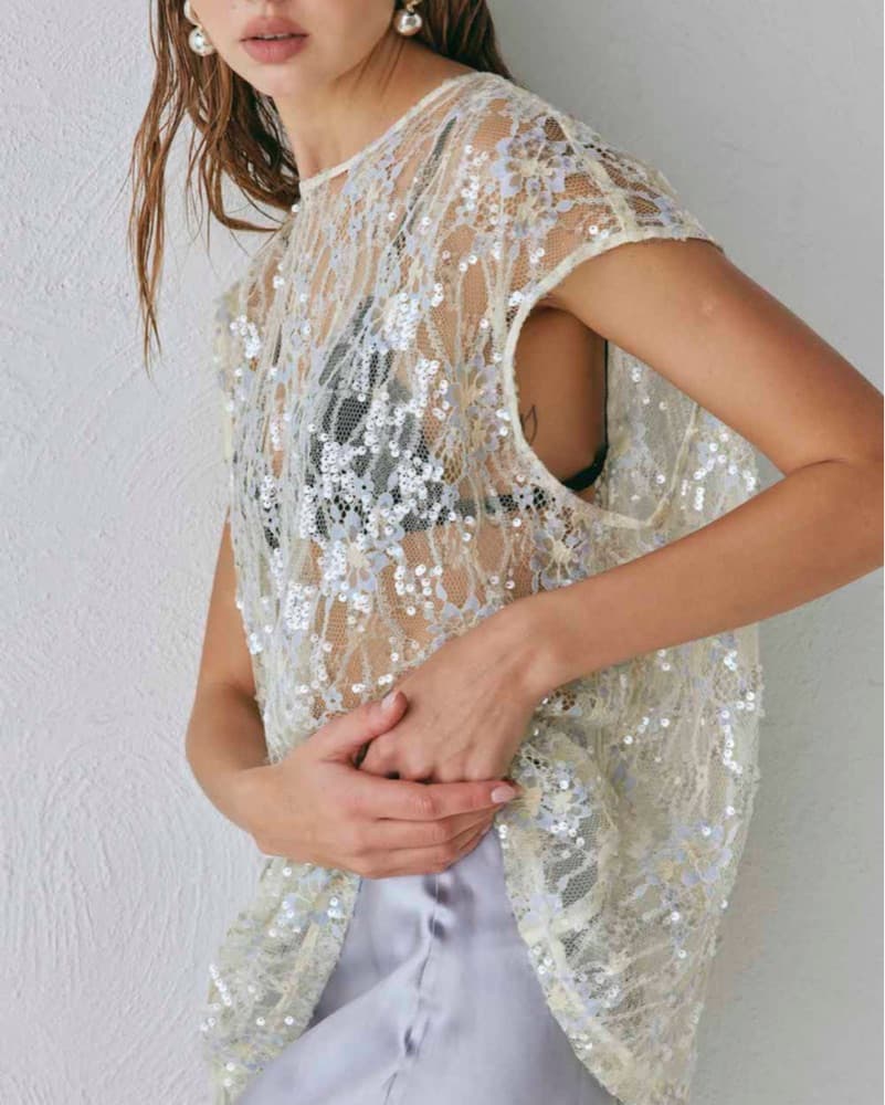 Lace Sequin Blue Sheer Top - Image 3