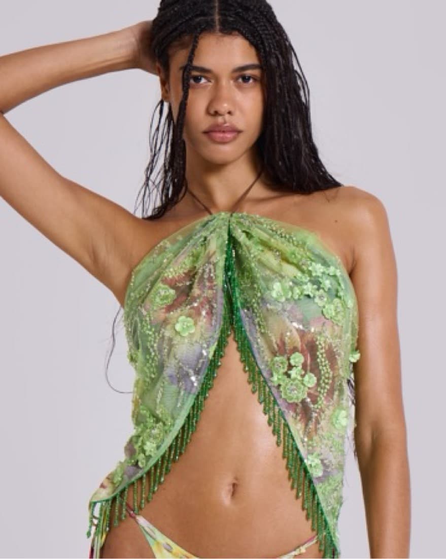 Jaded London Beaded Fringe Green Wrap   - Image 5