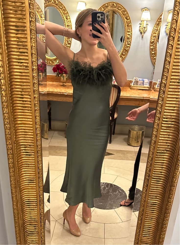Sleeper Green Silk Dress With Feathers - Image 1