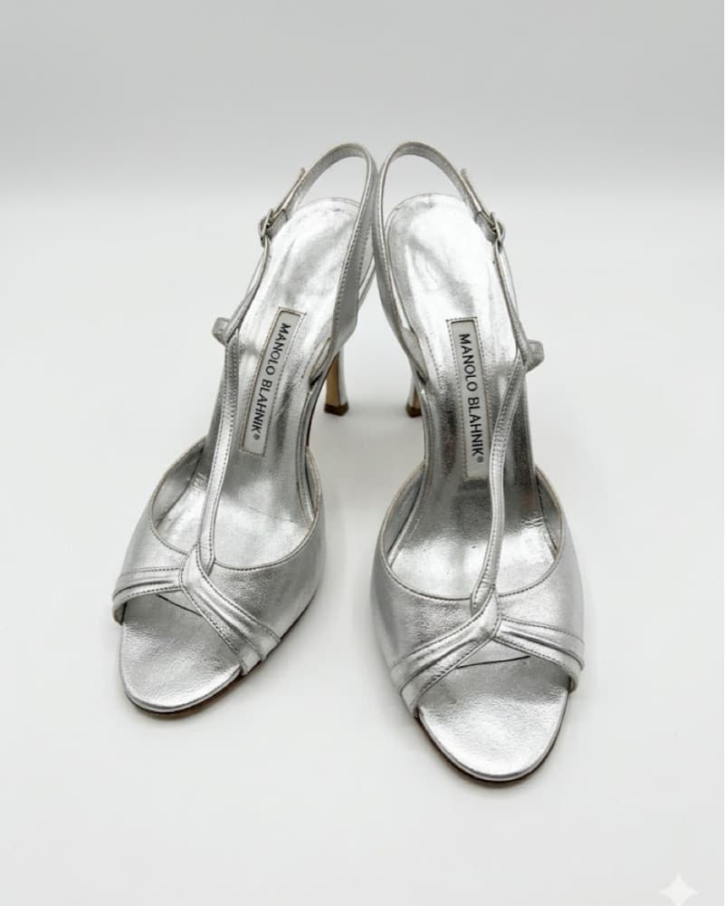 Vintage Manolo Blahnik Silver Heels - Image 2
