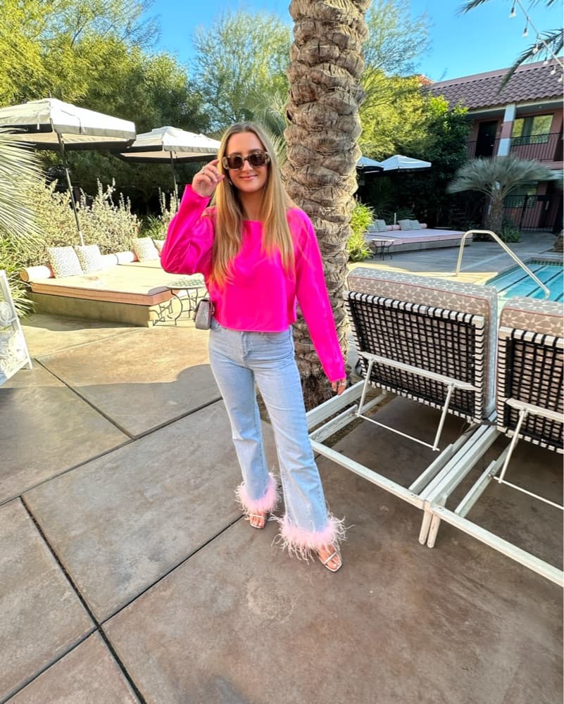 Pink Feather Trimmed Jeans - Image 2