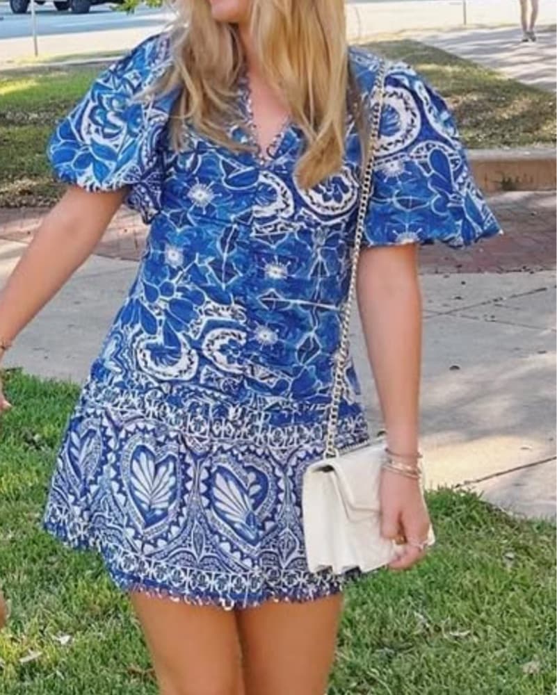 Farm Rio Blue Puff Sleeve Dress - Image 3