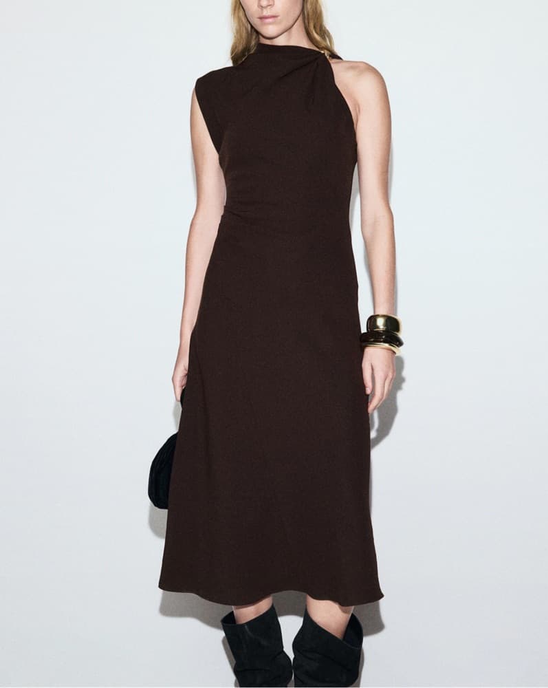 Asymmetrical Brown Dress With Gold Detai - Image 1