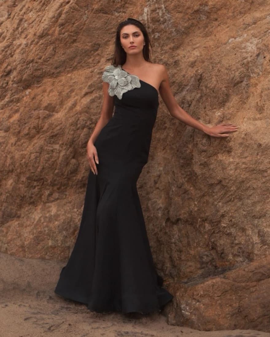 Black Crepe One Shoulder Gown W/Flower - Image 6
