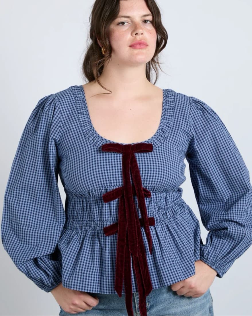 Damson madder Gingham Velvet Bow Top - Image 3