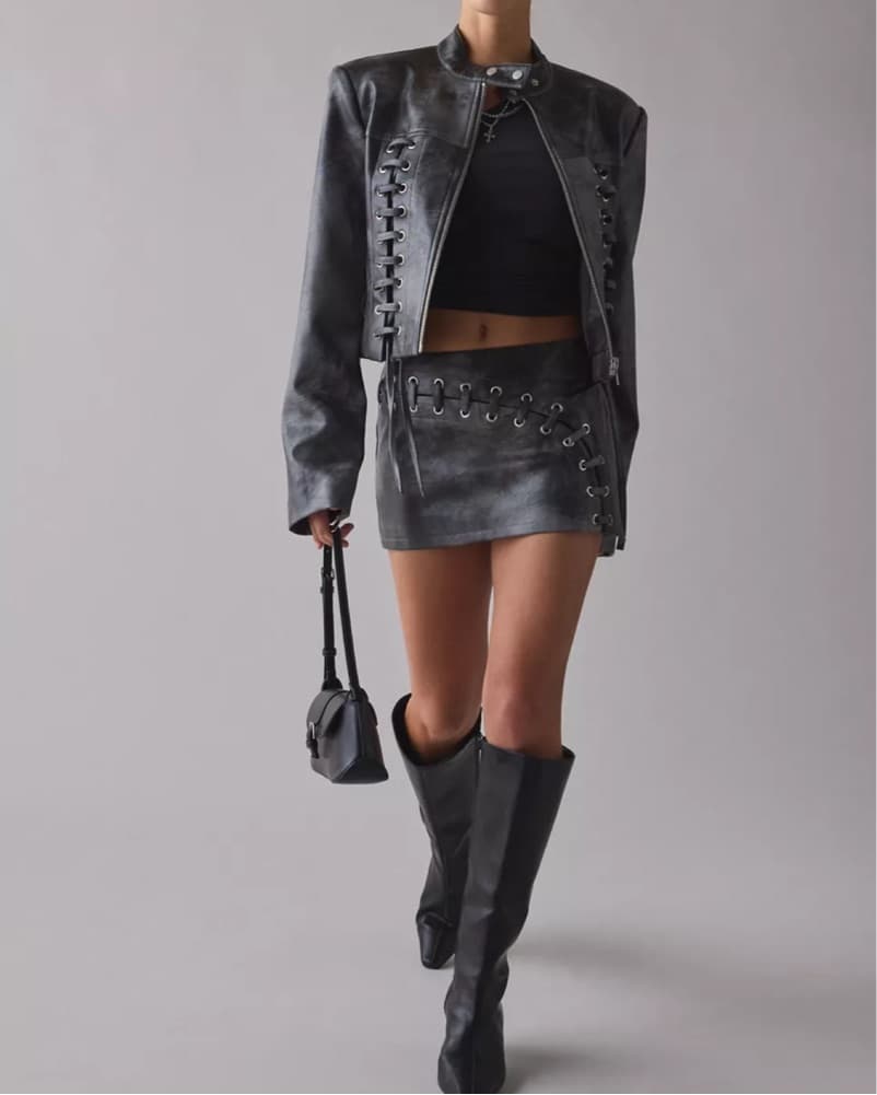 Edgy Leather Moto Jacket and Mini Skirt Set - Image 2
