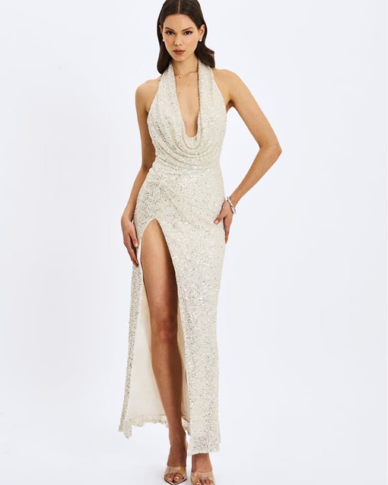 Miss Circle White Sequin Plunge Gown - Image 4