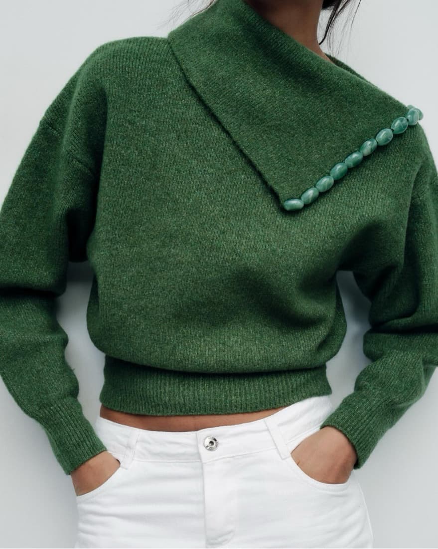 Green One Shoulder Sweater With Gems - Image 1