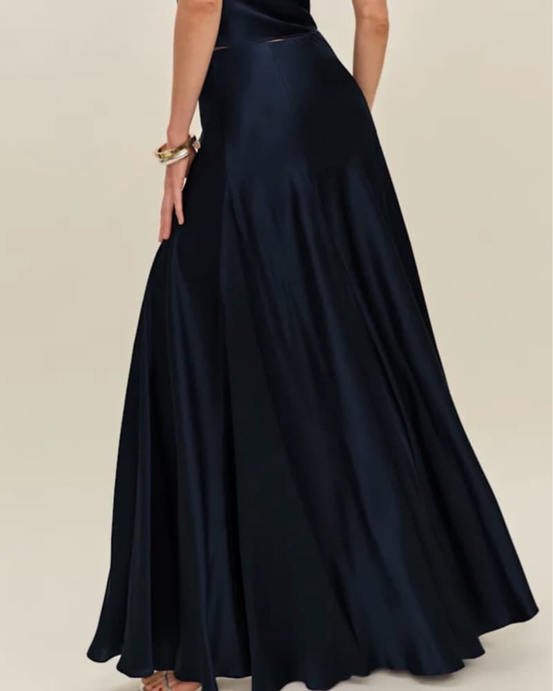 Elegant Black Satin Crop Top and Maxi Skirt Set - Image 3