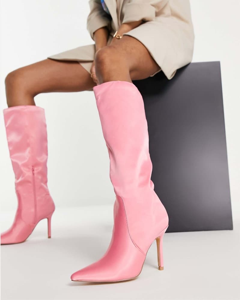 ASOS Pink Satin Knee-High Boots - Image 2