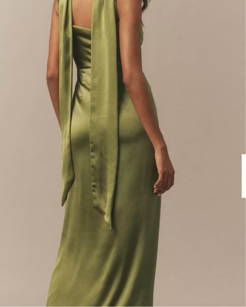 Anthro Green Satin Dress w Neck Scarf - Image 3