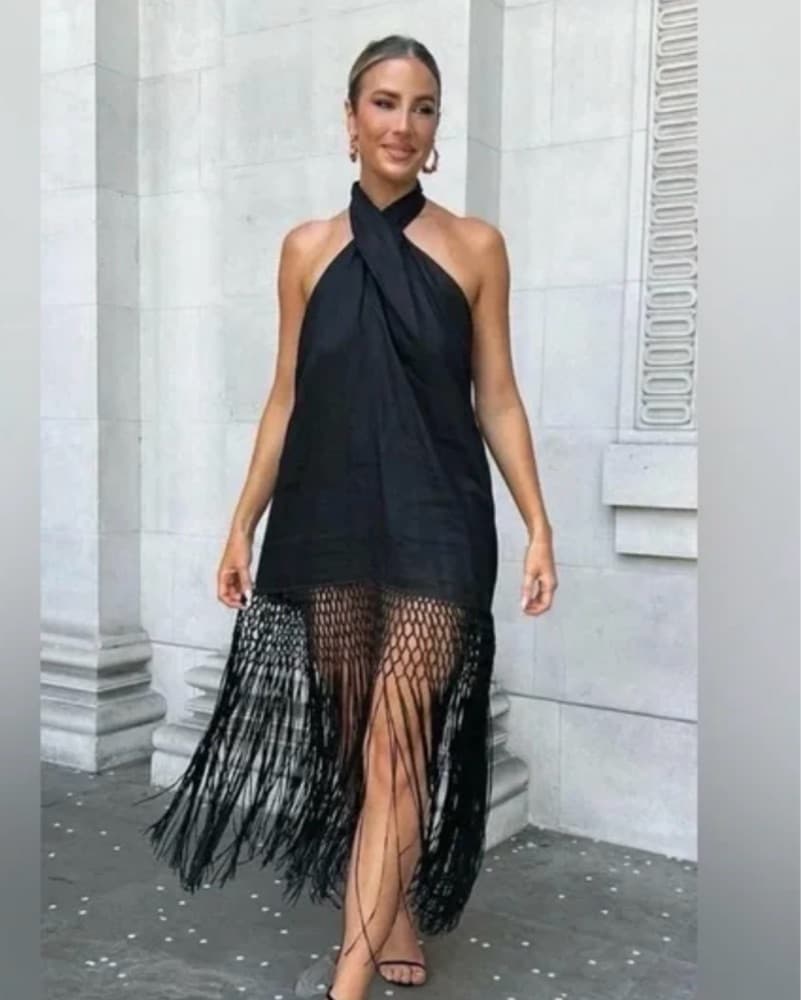 Stunning Black Backless Fringe Dress - Image 4