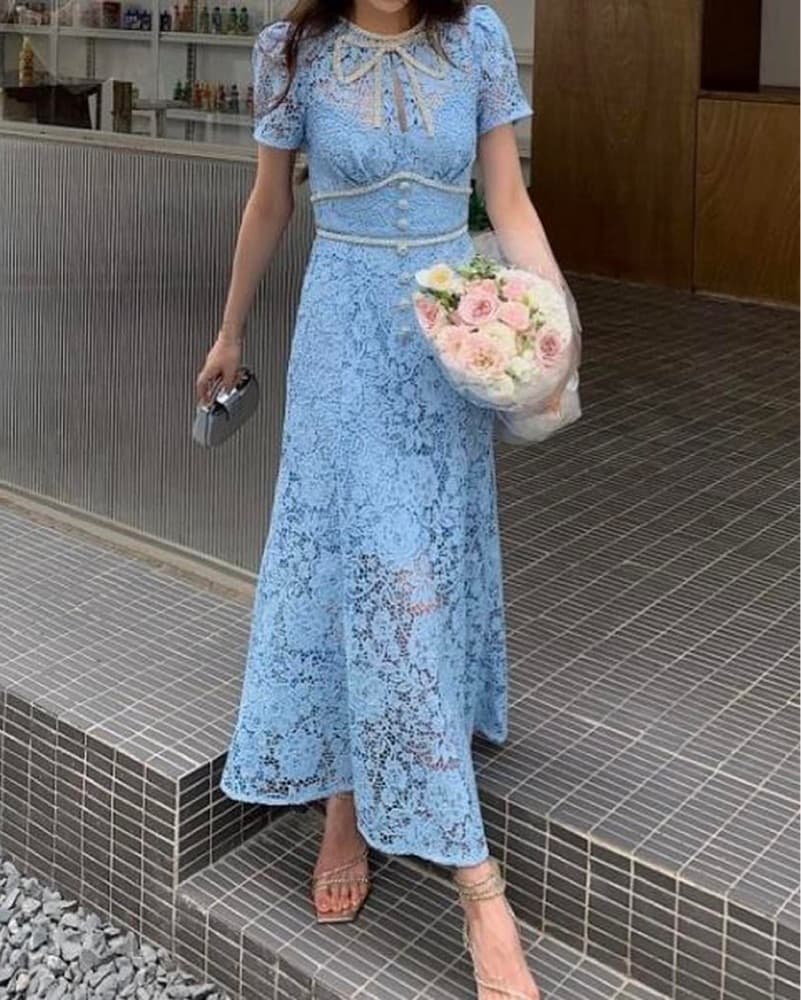 Self Portrait Blue Crystal Lace Dress - Image 5