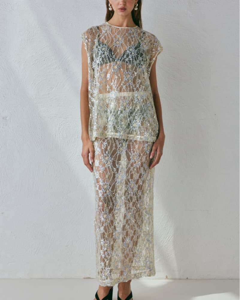 Sequin Lace Matching Set Midi Skirt &Top - Image 2
