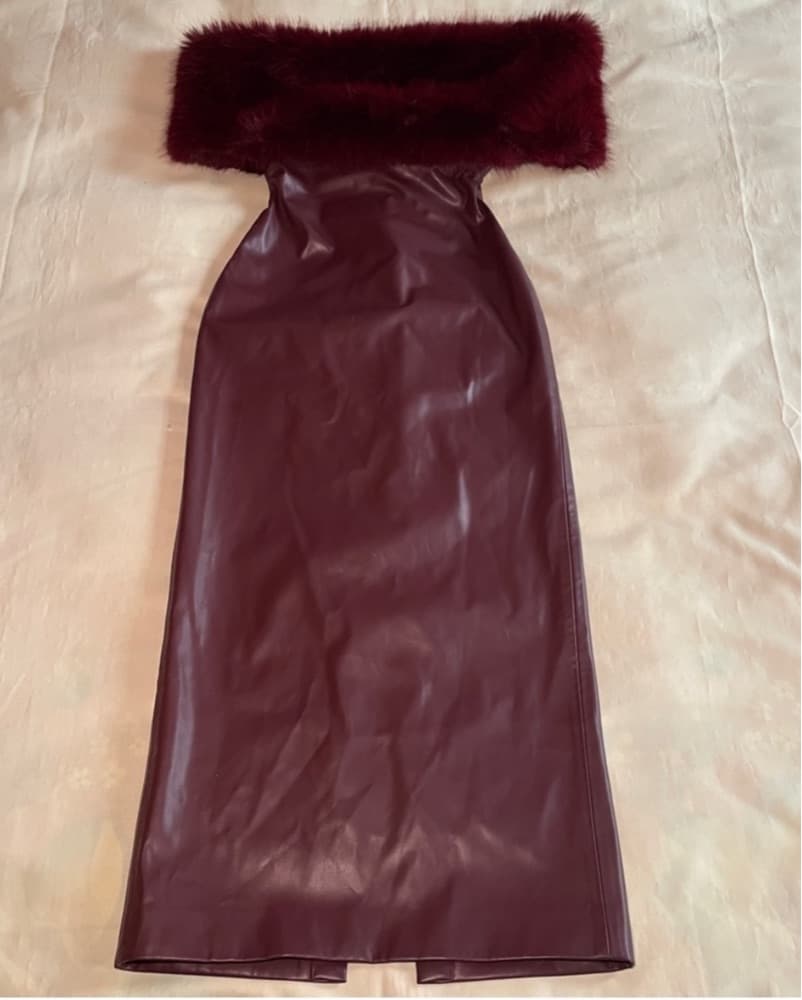 Burgandy Leather Off Shoulder Dress - Image 3