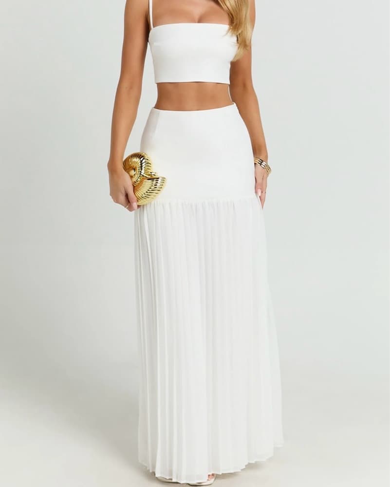 Chic White 2-Piece Crop Top and Pleated Maxi Skirt Set - Image 1