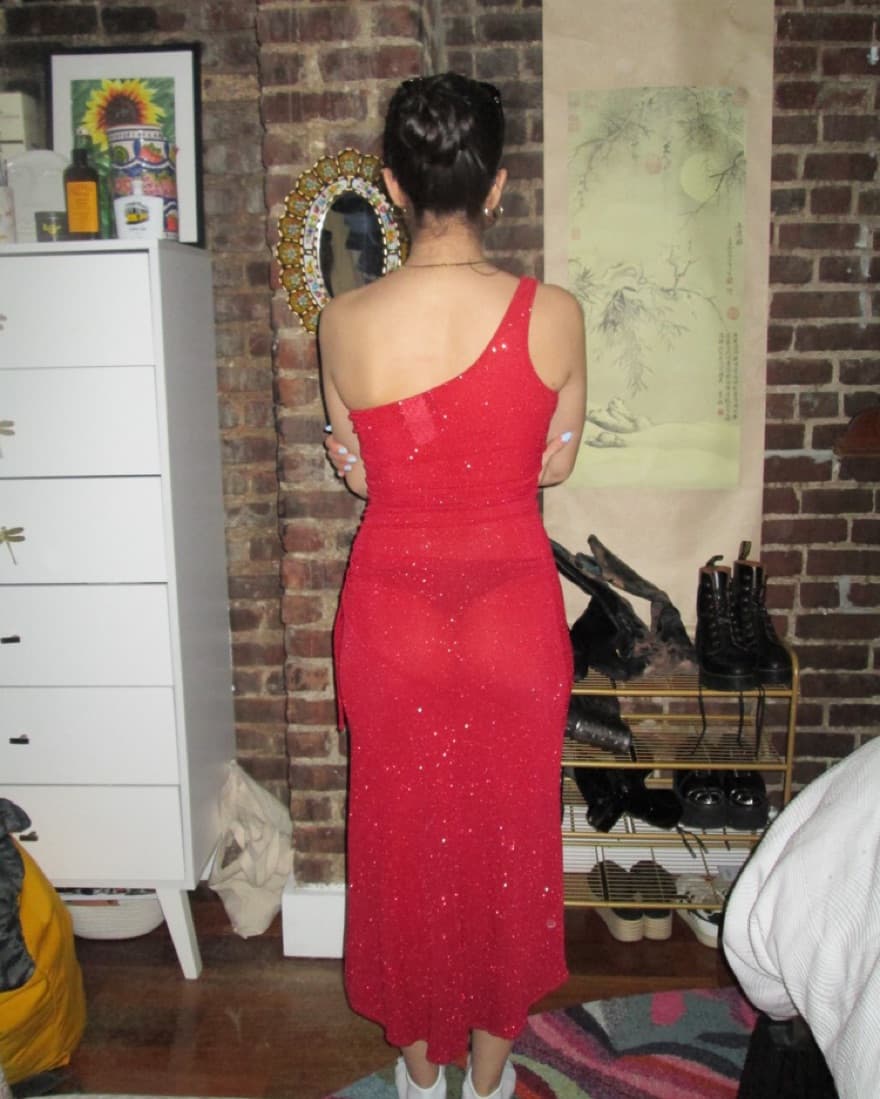 Red Shimmery Asymmetric Dress - Image 3