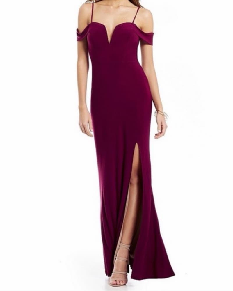 Off The Shoulder Burgundy Gown - Image 1