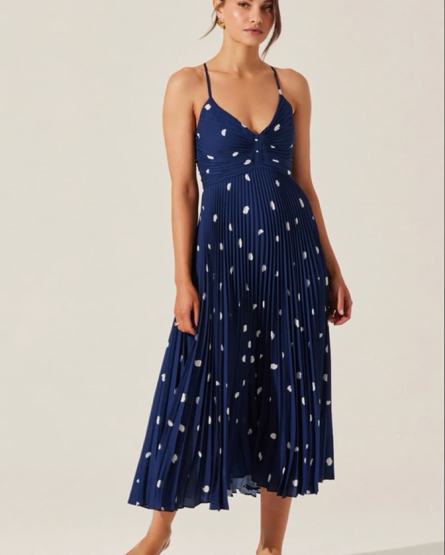ASTR Navy Polka Dot Pleated Dress - Image 1