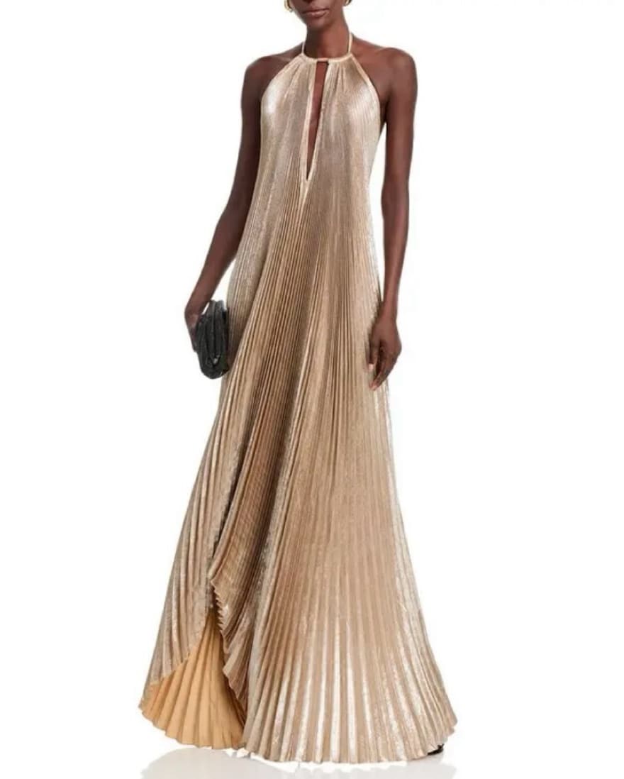 L’IDEE Gold Pleated Halter Gown - Image 3