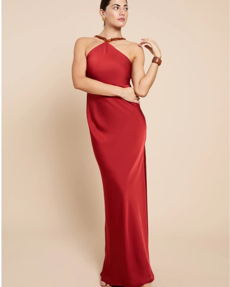 Red Satin Halter Gown - Auli - Image 1