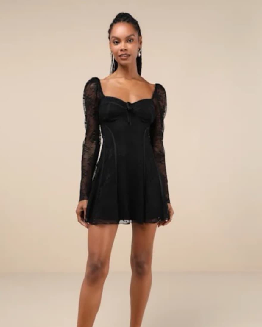 Black Lace Long Sleeve Seamed Mini Dres - Image 2