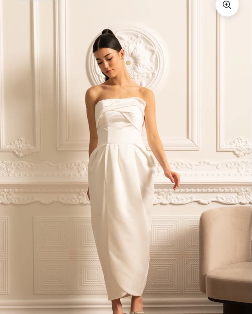 White Strapless Pearl Midi Dress - Image 1