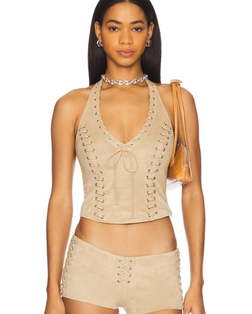 Chic Beige Lace-Up Cropped Top - Image 1