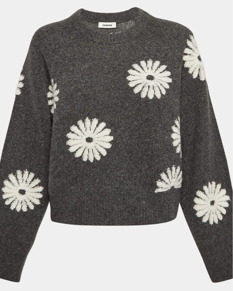 Sandro Grey Floral Intarsia Knit Sweater - Image 1