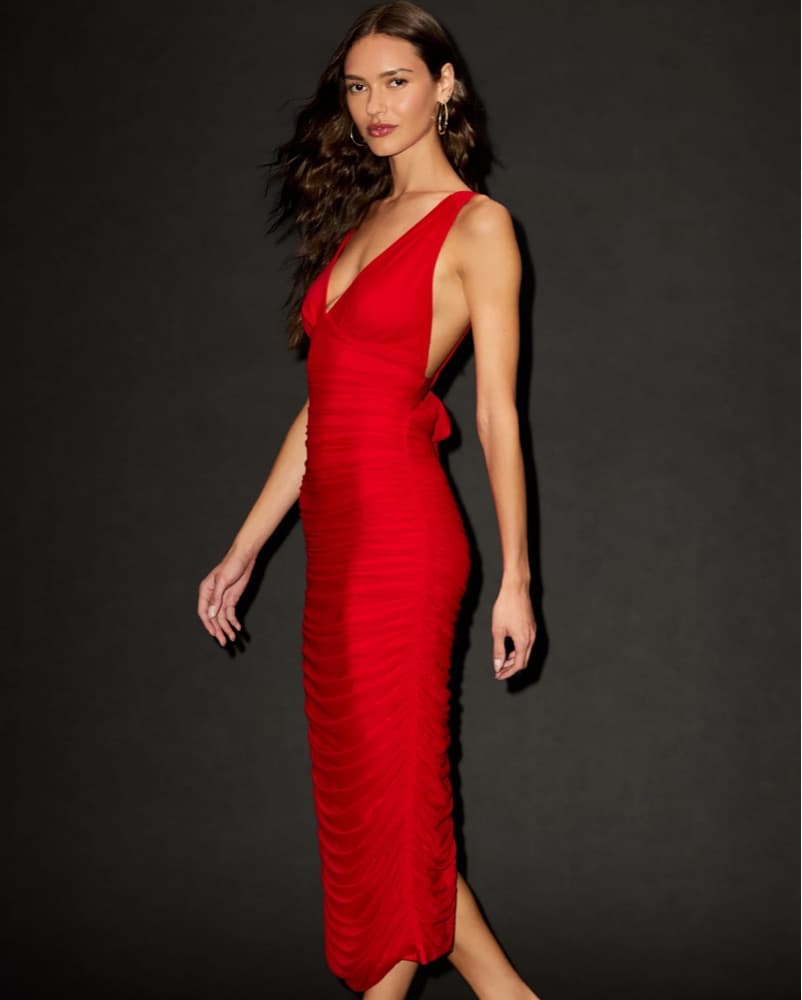 Stunning Red Ruched Midi Dress - Image 2