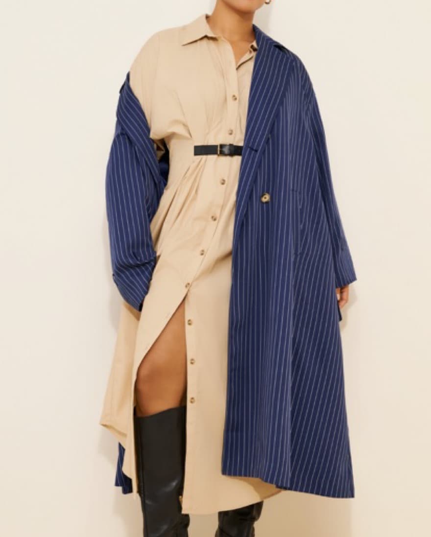 Navy Pinstriped Lightweight Trench Coatv - Image 2