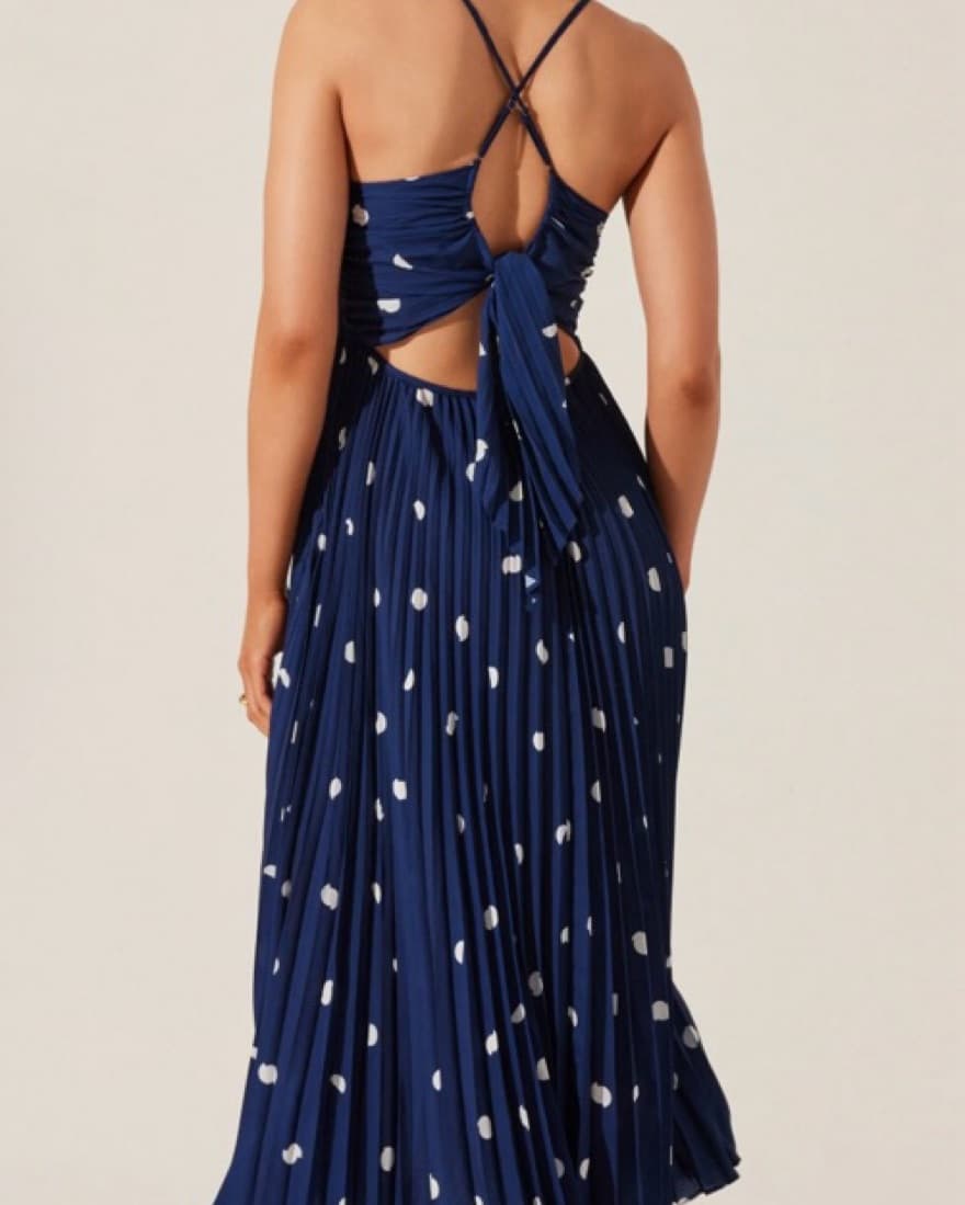 ASTR Navy Polka Dot Pleated Dress - Image 2