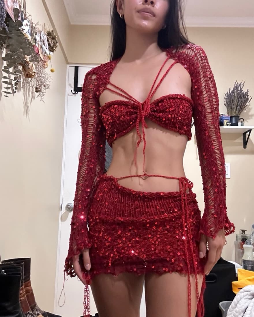 Sequin Hand Crocheted Skirt Set In Red - Image 2