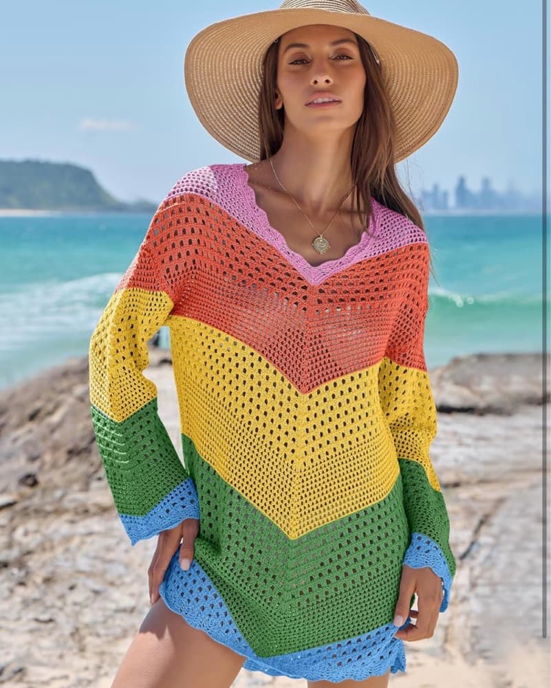 Pullover Rainbow Stripe Beach Cover Up  - Image 2