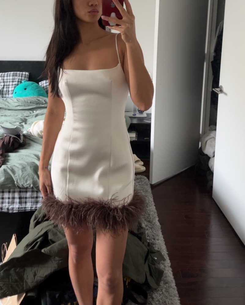 Chic Feather-Trimmed White Mini Dress - Image 2