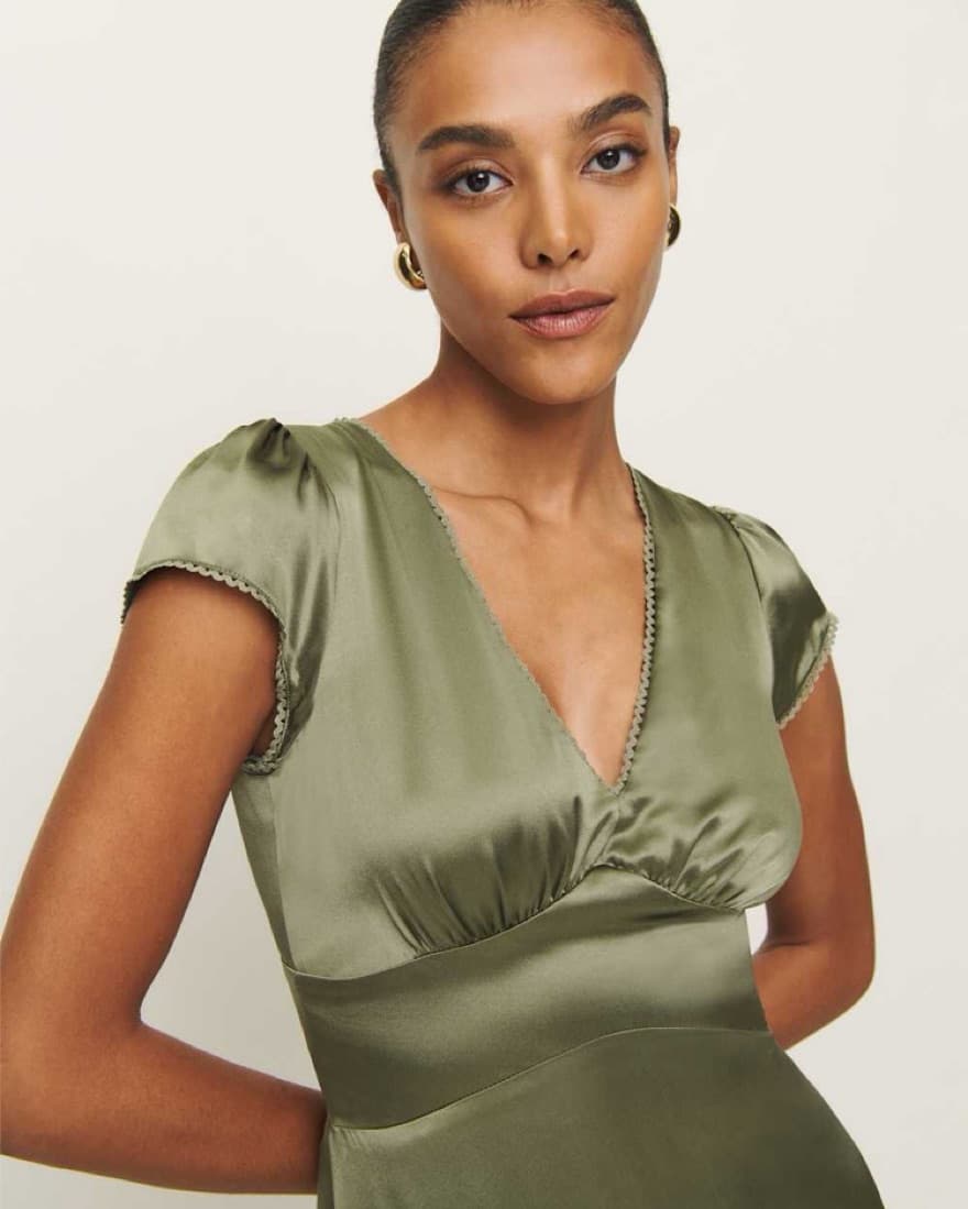 Reformation Cassie Olive Silk Dress - Image 2
